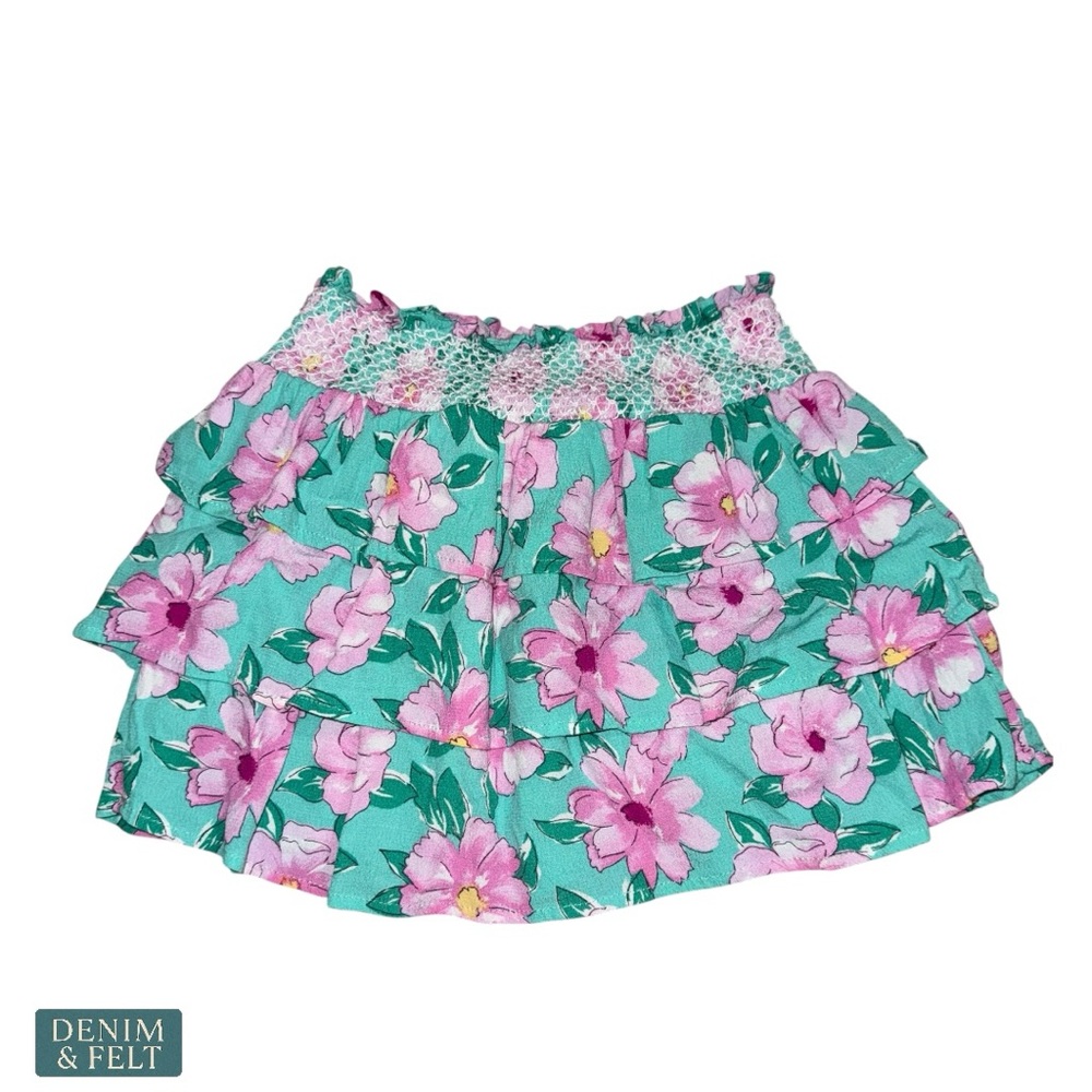 GB Girls Teal Pink Floral Ruffle Tiered Skirt Size 6 Girls Cute Summer